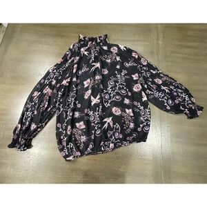Soho NY&Co Women's L Long Sleeve Blouse Black Bird Floral Smocked Mock Neck